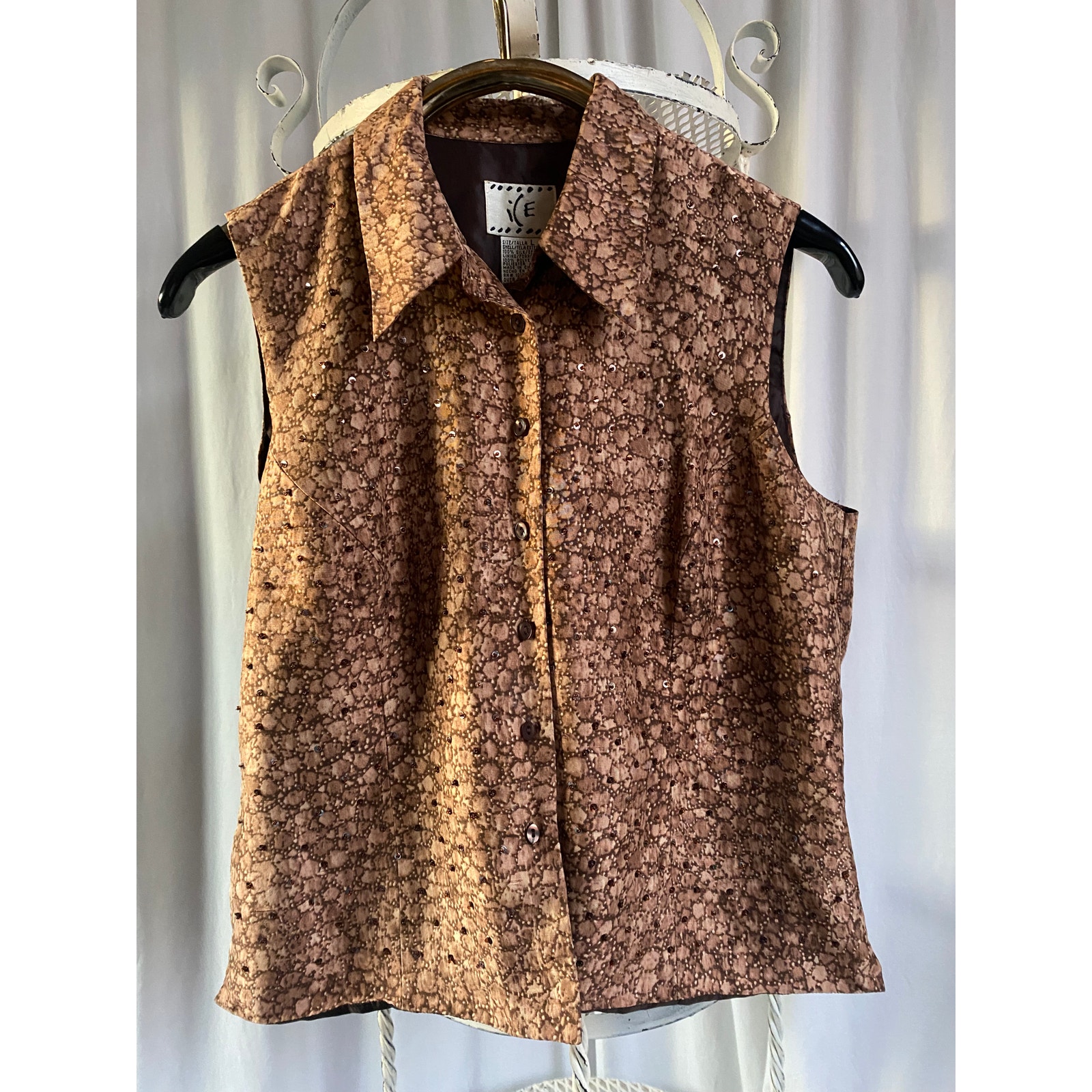 Ice Top Sleeveless Silk W/Sequins Button Down With Collar Oval Buttons Lined Lg